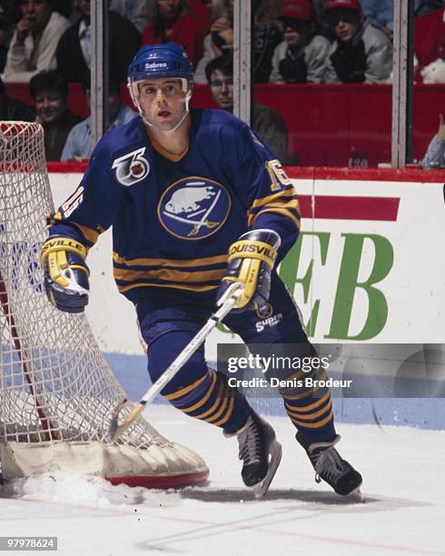 Pat LaFontaine of the Buffalo Sabres skates against the Montreal Canadiens in the 1990's at the Montreal Forum in Montreal, Quebec, Canada.