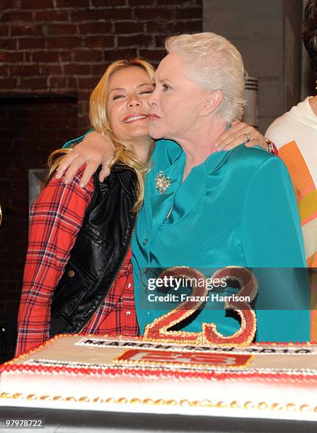 Actress Katherine Kelly Lang and Susan Flannery hug at CBS' "Bold And The Beautiful" 23rd Anniversary Celebration at Television City, CBS Studio Lot...