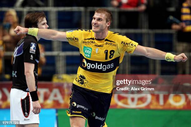 Bjarte Myrhol of Rhein-Neckar Loewen celebrates a goal during the Toyota Bundesliga match between Rhein-Neckar Loewen and TSV Dormagen at the SAP...