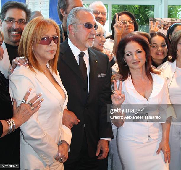 Albita, Emilio Estefan and Gloria Estefan attend press conference announcing a march to denounce and bring global attention to the human rights...