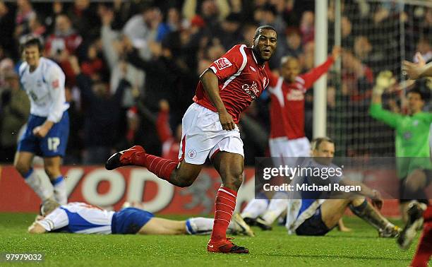 Wes Morgan of Forest celebrates scoring to make it 1-0 during the Coca Cola Championship match between Nottingham Forest and Crystal Palace at the...