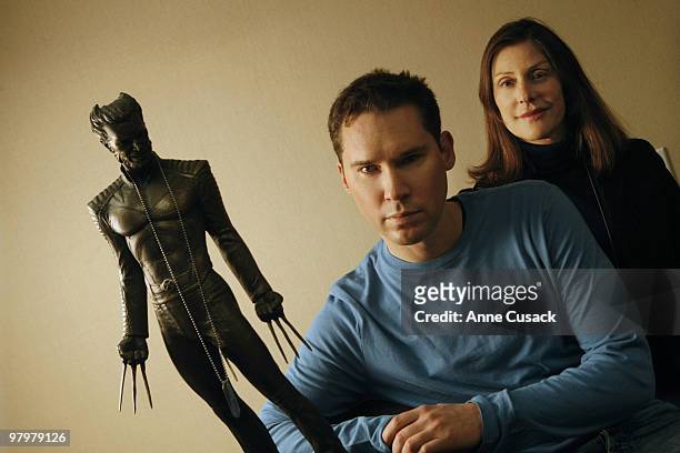 Director Bryan Singer and Producer Lauren Shuler Donner pose for a portrait session for the Los Angeles Times with X-Men character Wolverine on...