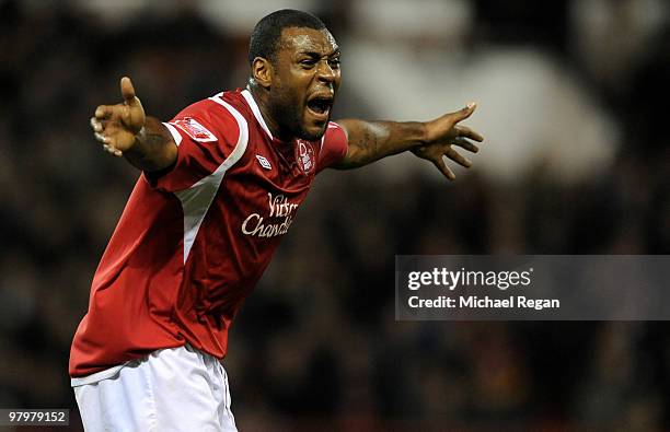 Wes Morgan of Forest shouts instructions to team mates during the Coca Cola Championship match between Nottingham Forest and Crystal Palace at the...