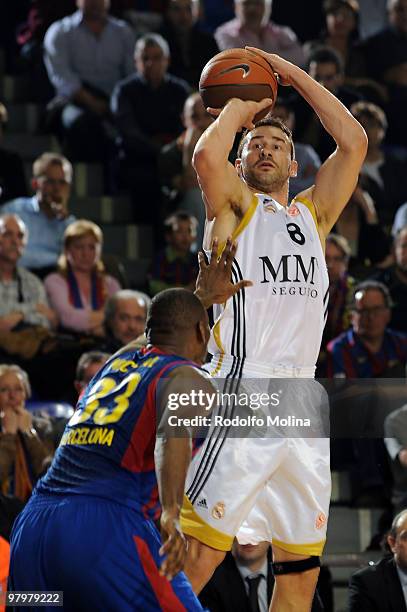 Marko Jaric, #8 of Real Madrid in action during the Euroleague Basketball 2009-2010 Play Off Game 1 between Regal FC Barcelona vs Real Madrid at...