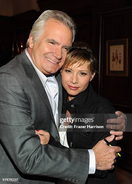 Actor John McCook, poses with Sarah Brown at CBS' "Bold And The Beautiful" 23rd Anniversary Celebration at Television City, CBS Studio Lot on March...