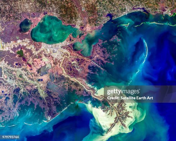 satellite view of mississippi delta, louisiana, usa - golf van mexico stockfoto's en -beelden