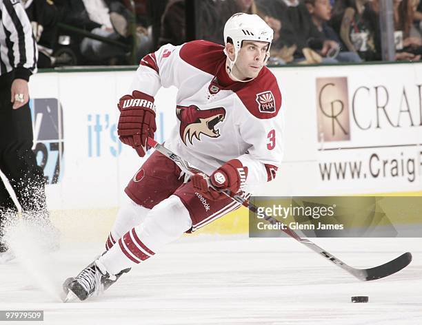 Keith Yandle of the Phoenix Coyotes skates against the Dallas Stars on March 21, 2010 at the American Airlines Center in Dallas, Texas.