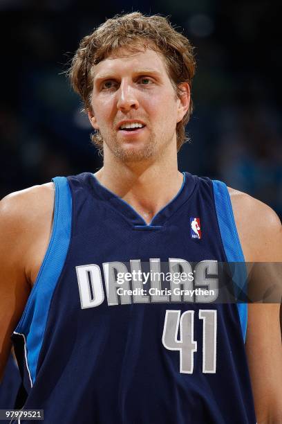 Dirk Nowitzki of the Dallas Mavericks during the game against the New Orleans Hornets at the New Orleans Arena on March 22, 2010 in New Orleans,...