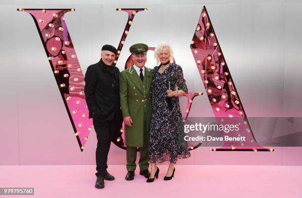 Sascha Lilac and Ellen von Unwerth pose with the Harrods Green Man at the Summer Party at the V&A in partnership with Harrods at the Victoria and...