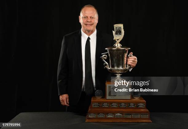 Head Coach Gerard Gallant of the Vegas Golden Knights poses for a portrait with the Jack Adams Award at the 2018 NHL Awards at the Hard Rock Hotel &...