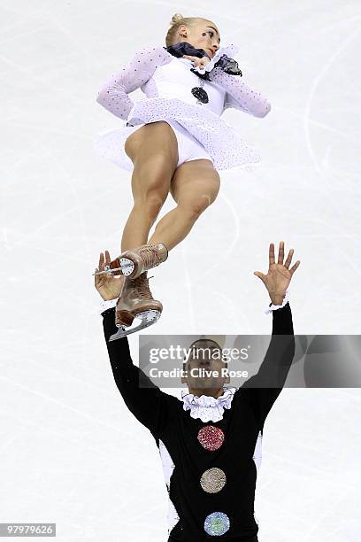 Aliona Savchenko and Robin Szolkowy of Germany compete in the Pairs Short Program during the 2010 ISU World Figure Skating Championships on March 23,...