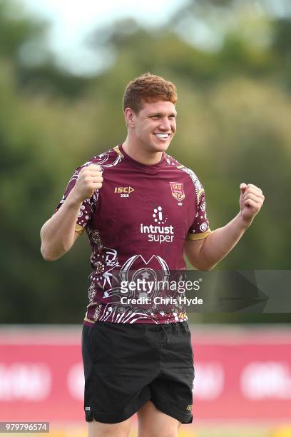 Dylan Napa reacts during a Queensland Maroons State of Origin training session at Sanctuary Cove on June 21, 2018 in Brisbane, Australia.
