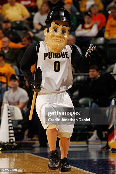 The mascot of the Purdue Boilermakers performs during the game against the Northwestern Wildcats in the quarterfinals of the Big Ten Men's Basketball...