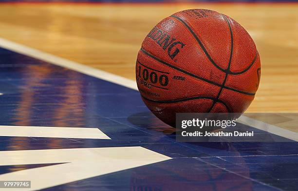 Ball sits on the court during the game between the Purdue Boilermakers against the Minnesota Golden Gophers in the semifinals of the Big Ten Men's...