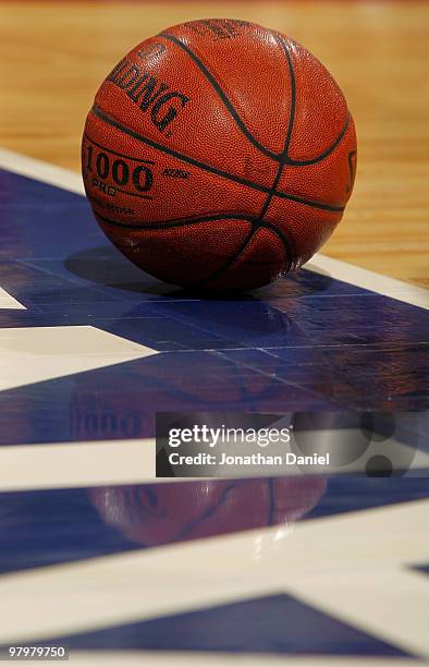 Ball sits on the court during the game between the Purdue Boilermakers against the Minnesota Golden Gophers in the semifinals of the Big Ten Men's...