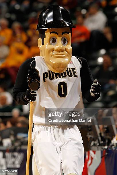 The mascot of the Purdue Boilermakers performs during the game against the Northwestern Wildcats in the quarterfinals of the Big Ten Men's Basketball...