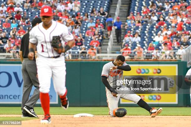 Baltimore Orioles center fielder Adam Jones wipes his head after being doubled up off of second base to end the third inning during the game between...