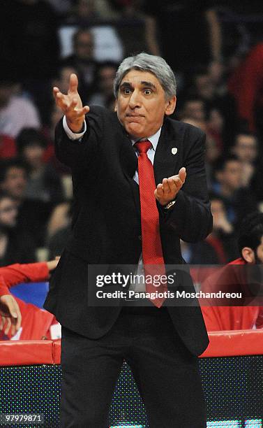 Panagiotis Giannakis, Head Coach of Olympiacos Piraeus reacts during the Euroleague Basketball 2009-2010 Play Off Game 1 between Olympiacos Piraeus...