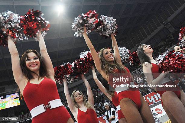 Cheerleaders celebrating during the Euroleague Basketball 2009-2010 Play Off Game 1 between Olympiacos Piraeus vs Asseco Prokom Gdynia at Peace and...