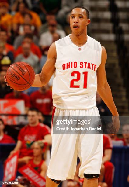 Guard Evan Turner of the Ohio State Buckeyes controls the ball against the Minnesota Golden Gophers in the championship of the Big Ten Men's...