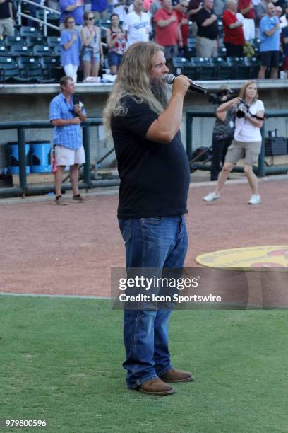 Country singer Jamey Johnson sings the National Anthem at the 2018 Southern League All-Star Game. The South All-Stars defeated the North All-Stars by...