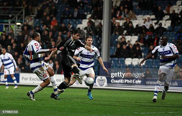 Shaun Barker of Derby County scores during the Coca Cola Championship match between Queens Park Rangers and Derby County, at Loftus Road on March 23,...