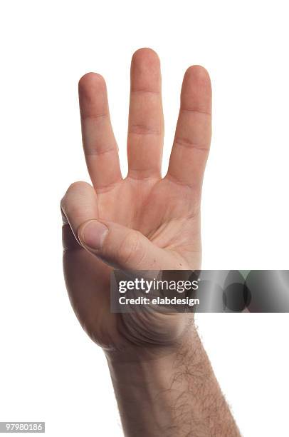 мan's hand shows three fingers palm - three fingers stock pictures, royalty-free photos & images