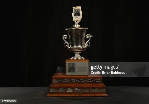 Detailed view of the Jack Adams Award is seen positioned on a table at the 2018 NHL Awards at the Hard Rock Hotel & Casino on June 20, 2018 in Las...