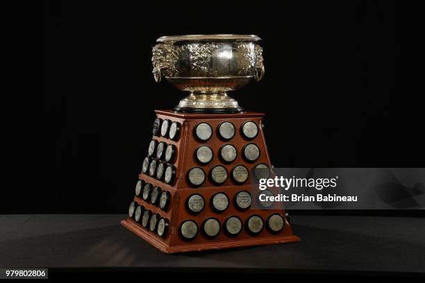 Detailed view of the Art Ross Trophy is seen positioned on a table at the 2018 NHL Awards at the Hard Rock Hotel & Casino on June 20, 2018 in Las...