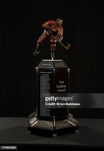 Detailed view of the Ted Lindsay Award is seen positioned on a table at the 2018 NHL Awards at the Hard Rock Hotel & Casino on June 20, 2018 in Las...