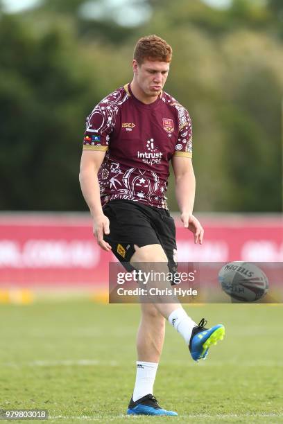 Dylan Napa kicks during a Queensland Maroons State of Origin training session at Sanctuary Cove on June 21, 2018 in Brisbane, Australia.