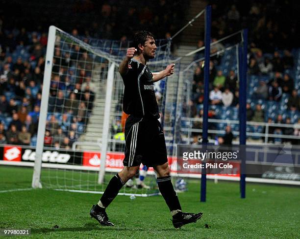 Shaun Barker of Derby County celebrates after scoring during the Coca Cola Championship match between Queens Park Rangers and Derby County, at Loftus...