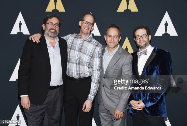 Screenwriter Bob Peterson, Pixar Animation Chief Creative Officer Pete Docter, producer Jonas Rivera and composer Michael Giacchino arrives at The...