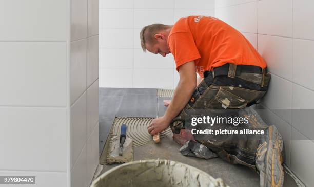 March 2018, Germany, Wiesenau: The Polish tiler trainee Robert Korte installs tile flooring in a bathroom. Robert Korte learned his craft at a German...