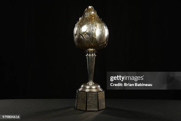 Detailed view of the Hart Trophy is seen positioned on a table at the 2018 NHL Awards at the Hard Rock Hotel & Casino on June 20, 2018 in Las Vegas,...