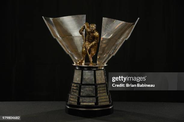 Detailed view of the Maurice "Rocket" Richard Trophy is seen positioned on a table at the 2018 NHL Awards at the Hard Rock Hotel & Casino on June 20,...