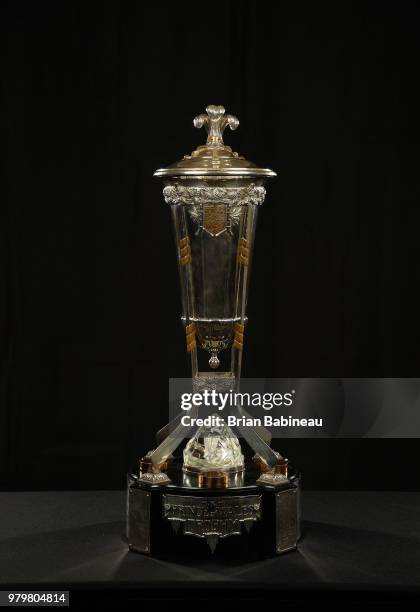 Detailed view of the Prince of Wales Trophy is seen positioned on a table at the 2018 NHL Awards at the Hard Rock Hotel & Casino on June 20, 2018 in...