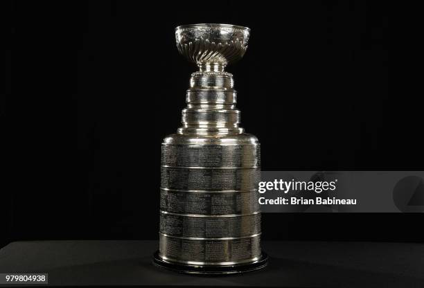 Detailed view of the Stanley Cup trophy is seen positioned on a table at the 2018 NHL Awards at the Hard Rock Hotel & Casino on June 20, 2018 in Las...