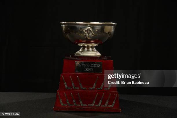 Detailed view of the William M. Jennings trophy is seen positioned on a table at the 2018 NHL Awards at the Hard Rock Hotel & Casino on June 20, 2018...