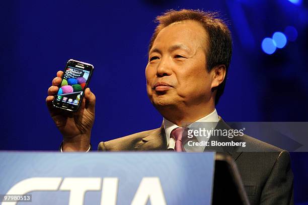 Shin, president of mobile communications for Samsung Electronics Co., introduces the Samsung Galaxy S mobile device at the CTIA Wireless conference...