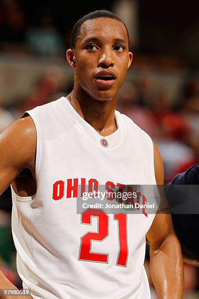 Guard Evan Turner of the Ohio State Buckeyes stands on the court during the game against the Michigan Wolverines in the quarterfinals of the Big Ten...