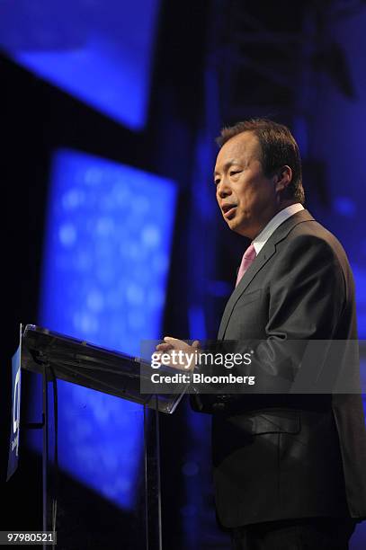 Shin, president of mobile communications for Samsung Electronics Co., speaks at the CTIA Wireless conference in Las Vegas, Nevada, U.S., on Tuesday,...