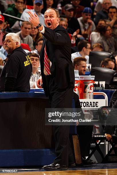 Head coach Thad Matta of the Ohio State Buckeyes watches game action against the Illinois Fighting Illini in the semifinals of the Big Ten Men's...