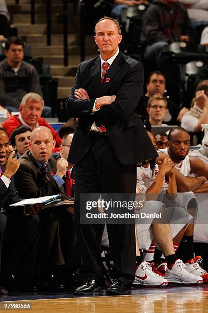 Head coach Thad Matta of the Ohio State Buckeyes watches game action against the Illinois Fighting Illini in the semifinals of the Big Ten Men's...