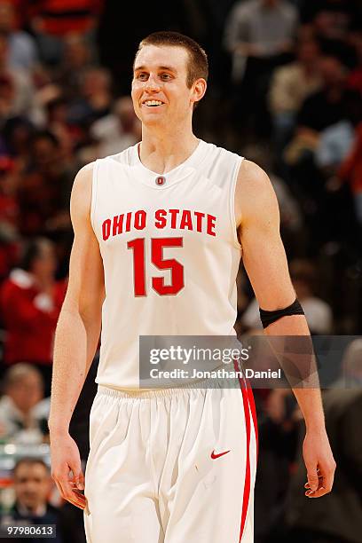 Kyle Madsen of the Ohio State Buckeyes walks on the court against the Illinois Fighting Illini in the semifinals of the Big Ten Men's Basketball...