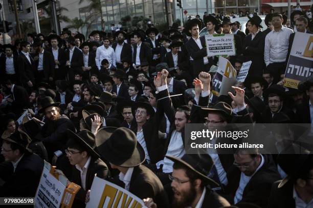 Dpatop - Ultra-Orthodox Jewish men take part in a demonstration against Israeli army conscription in Bnei Brak, Israel, 12 March 2018. Photo: Ilia...