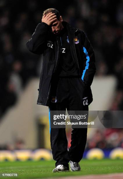 Gianfranco Zola the West Ham United manager looks dejected during the Barclays Premier League match between West Ham United and Wolverhampton...