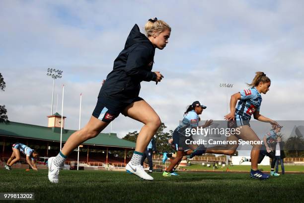 Hannah Southwell of the Blues warms up during the New South Wales women's State of Origin captain's run at North Sydney Oval on June 21, 2018 in...
