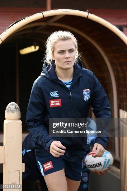 Hannah Southwell of the Blues walks onto the field during the New South Wales women's State of Origin captain's run at North Sydney Oval on June 21,...