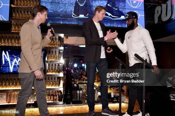 Adam Petrick, Max Staiger, and God Shammgod attend the PUMA Basketball launch party at 40/40 Club on June 20, 2018 in New York City.